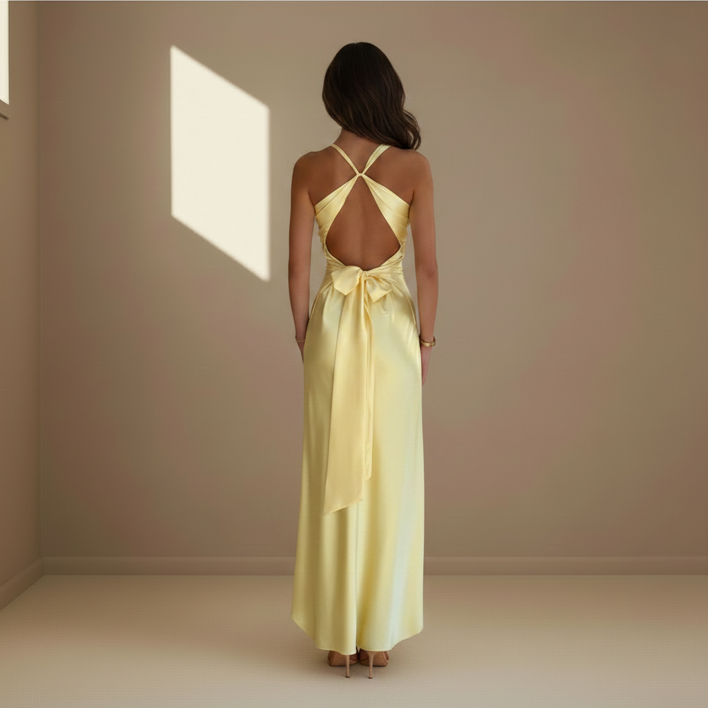 Butter yellow satin maxi dress back view - open tie-back