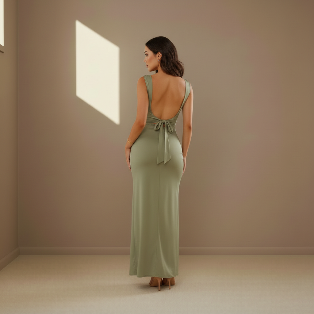 Sage green satin maxi dress back view - open tie-back