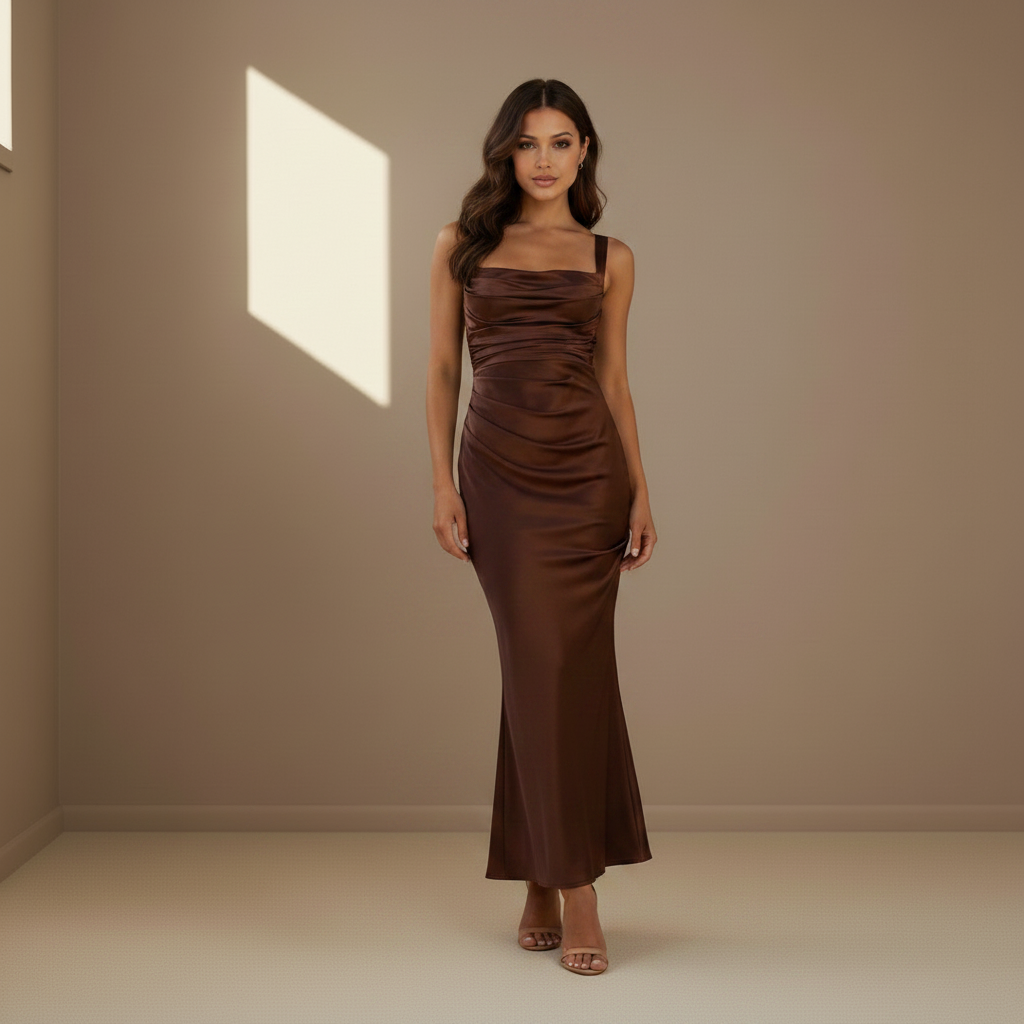 Brown ruched satin maxi dress front - bodycon wedding guest dress by Satinni