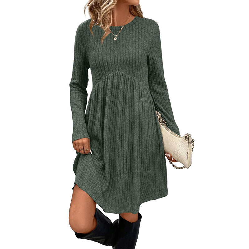 Women's Long Sleeve Knit Dress, Solid Color, Round Neck – Casual, Spring/Fall