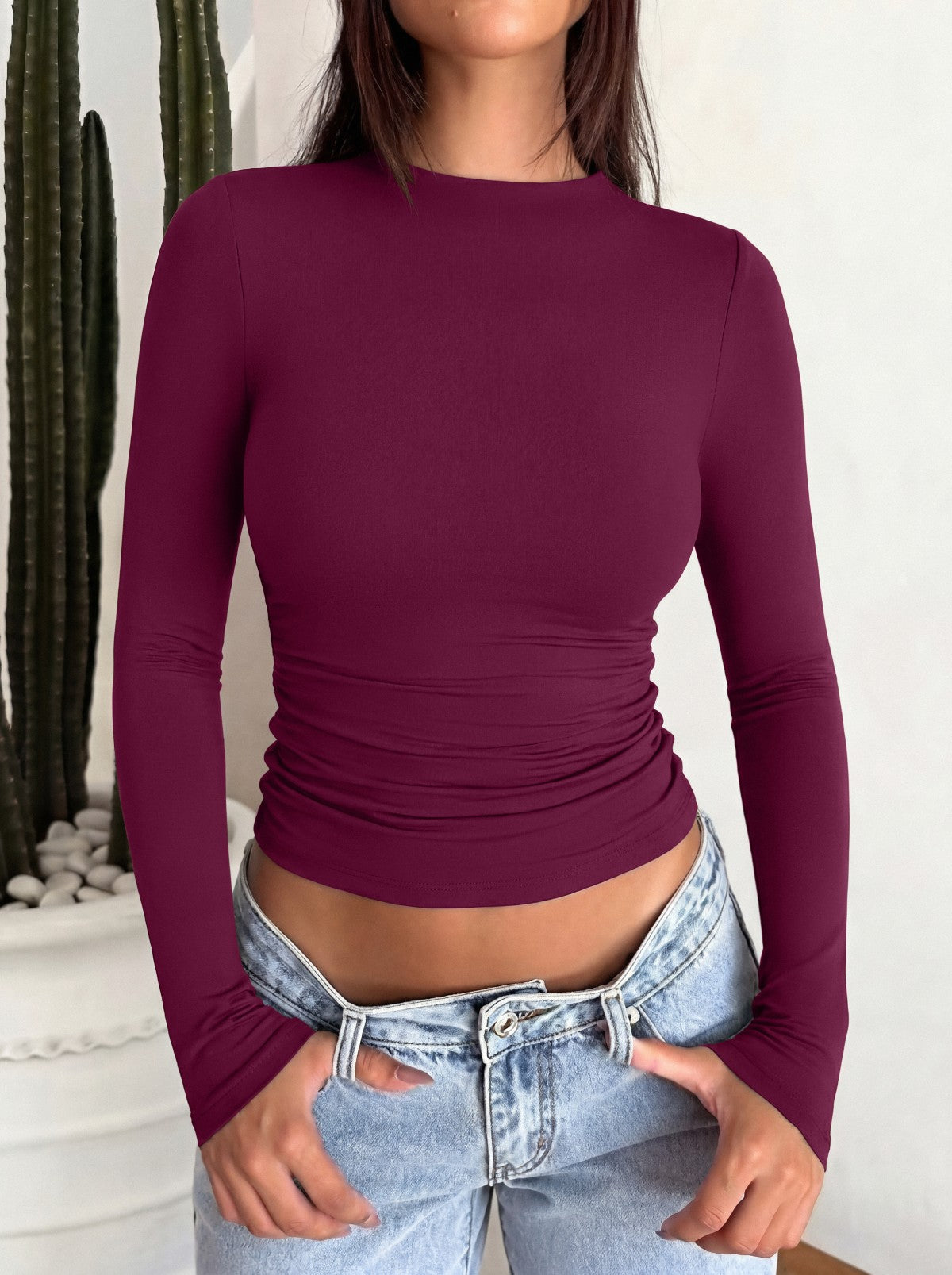 Mock Neck Ruched Waist Top - Business Casual Blouse for Women