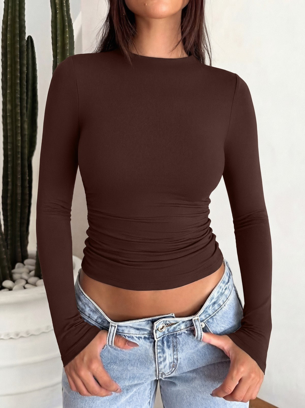 Mock Neck Ruched Waist Top - Business Casual Blouse for Women