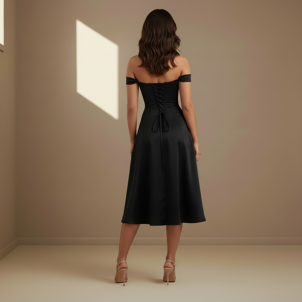 Black off-shoulder satin dress lace-up corset back, rear view