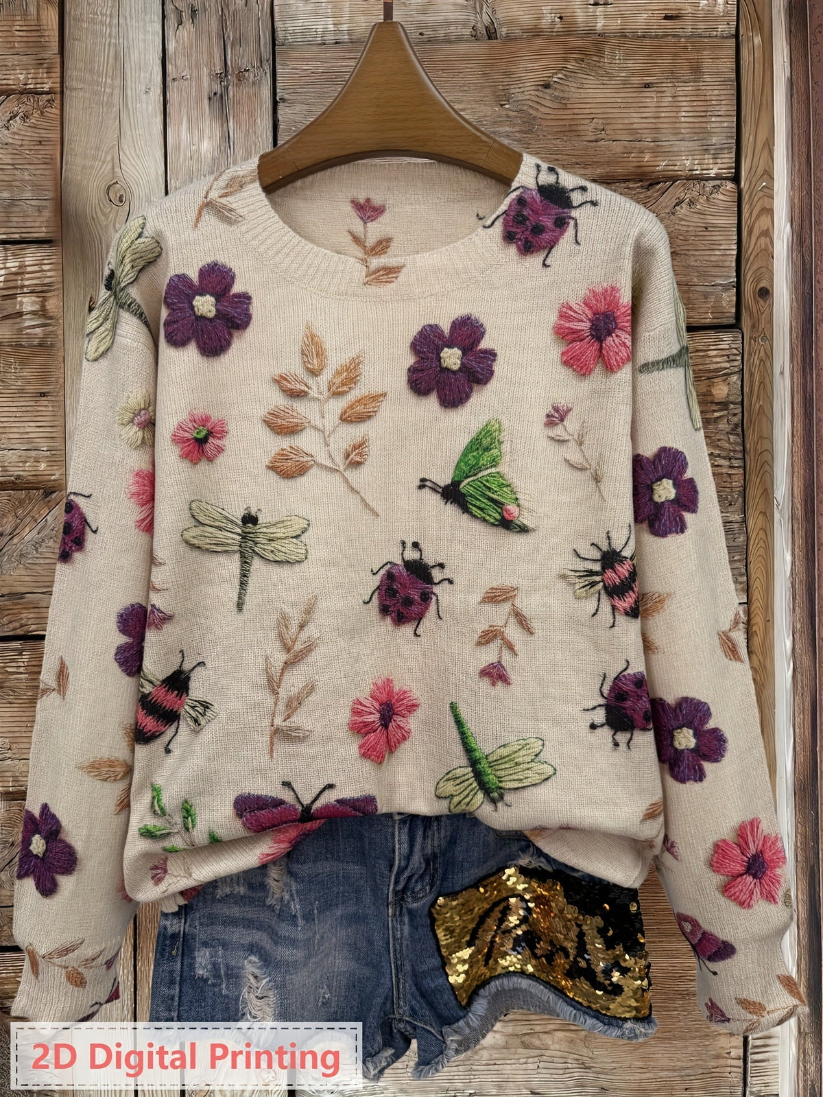 Botanical Print Crewneck Sweater | Soft Knit Fabric | Women's Casual Wear