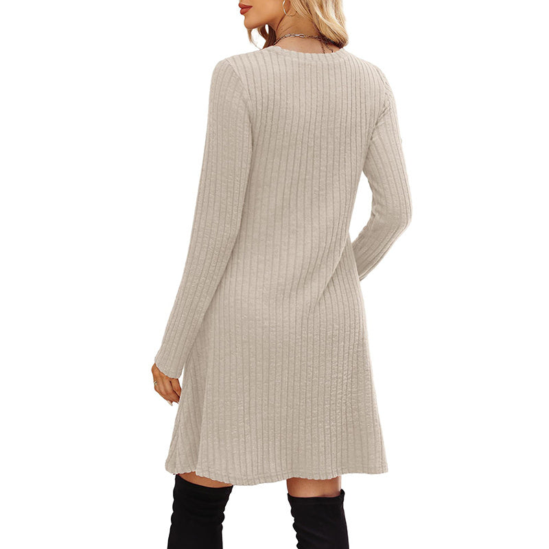 Women's Long Sleeve Knit Dress, Solid Color, Round Neck – Casual, Spring/Fall