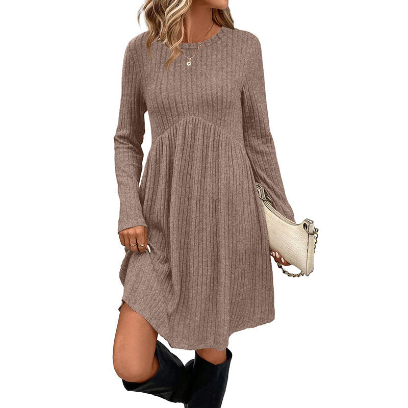 Women's Long Sleeve Knit Dress, Solid Color, Round Neck – Casual, Spring/Fall