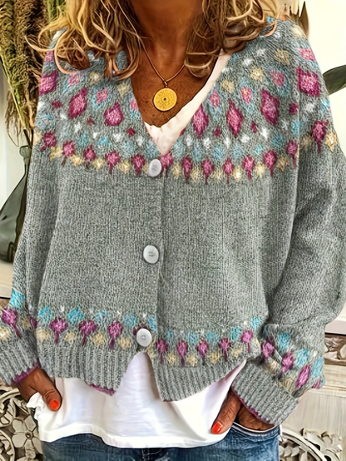 Nordic Patterned Cardigan in Soft Knit for Cozy Layering and Everyday Wear