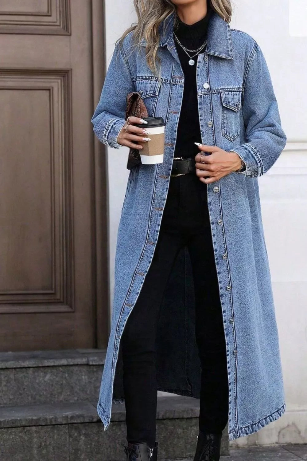 Denim Longline Jacket with Button Front for Casual Everyday Wear