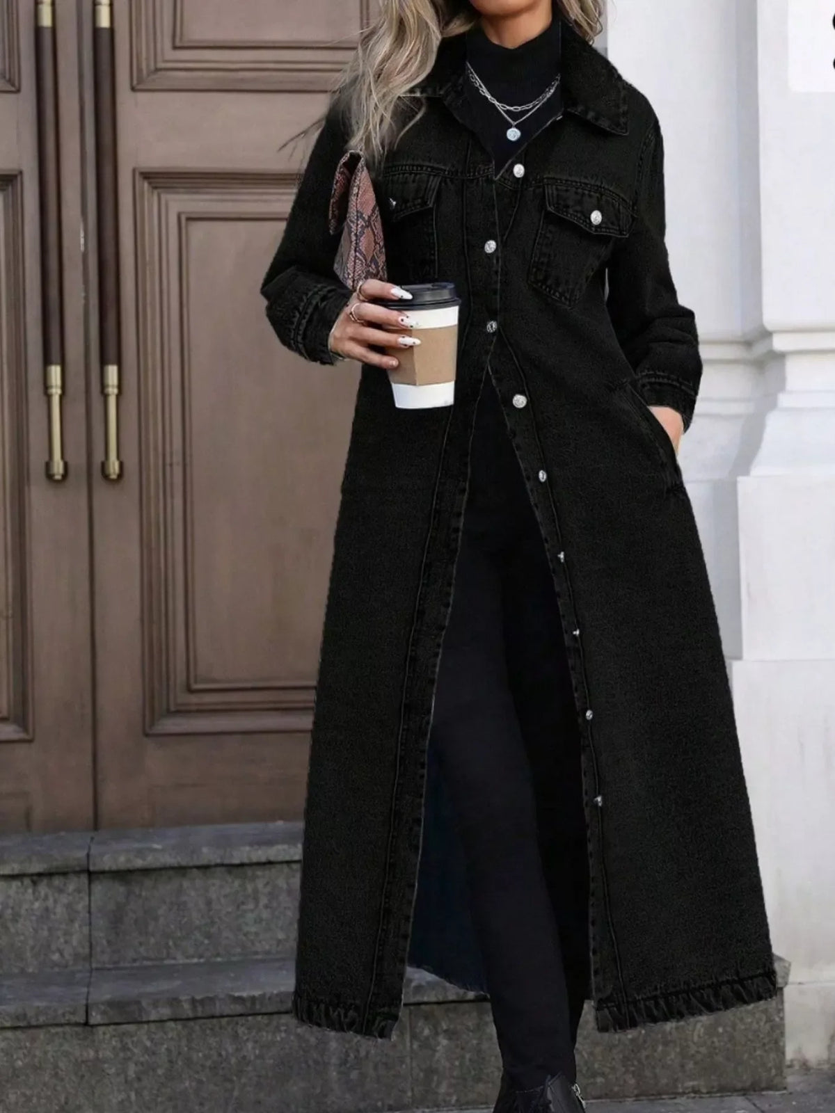 Denim Longline Jacket with Button Front for Casual Everyday Wear