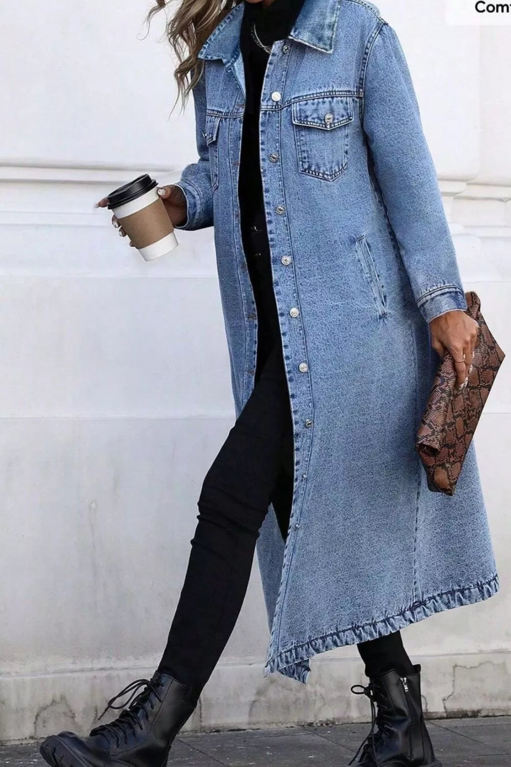 Denim Longline Jacket with Button Front for Casual Everyday Wear