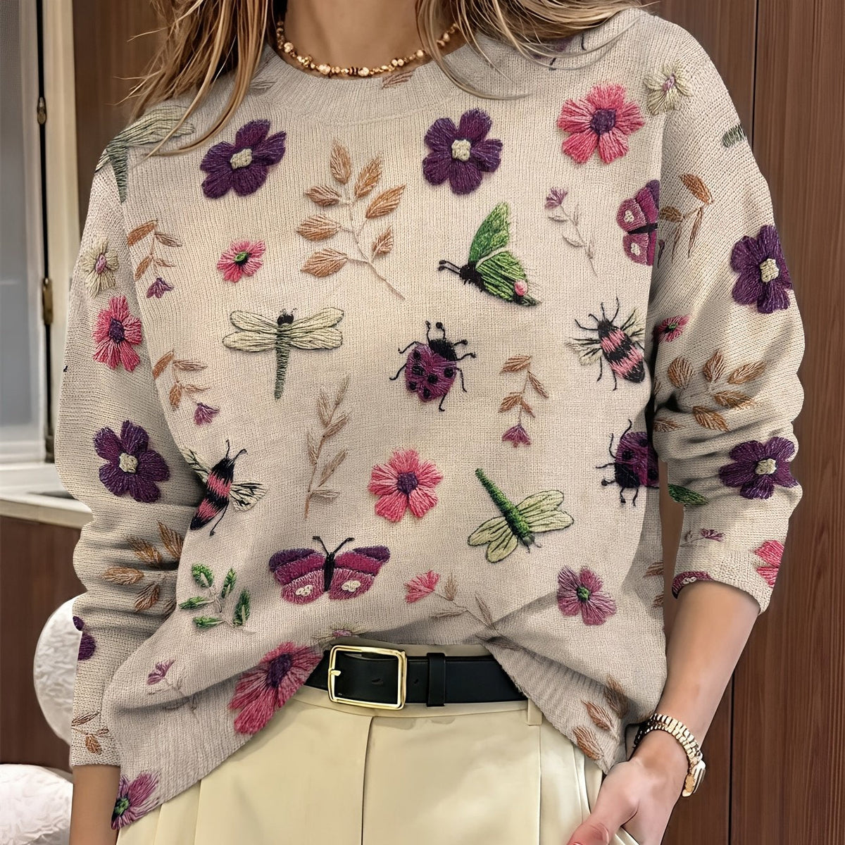 Botanical Print Crewneck Sweater | Soft Knit Fabric | Women's Casual Wear