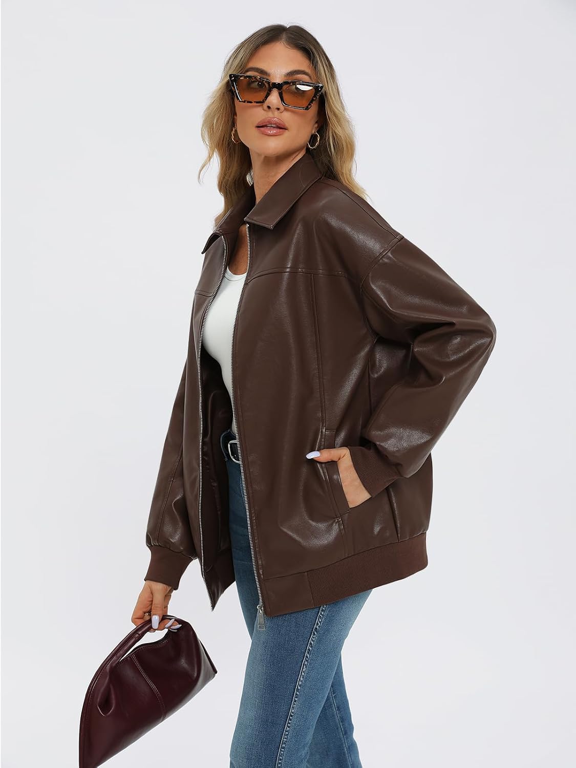Oversized Faux Leather Bomber Jacket for Women – Casual Wear, Everyday Style