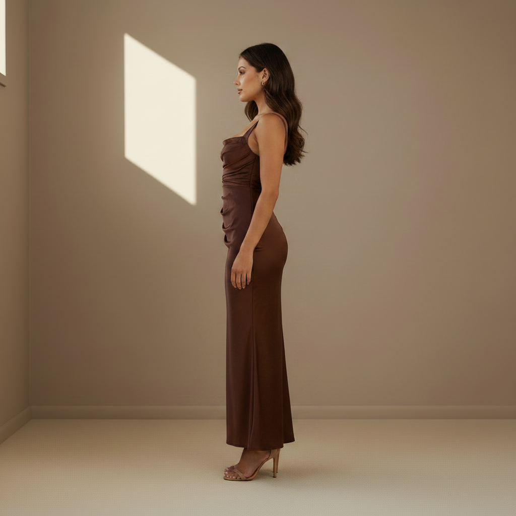 Brown ruched satin maxi dress side profile