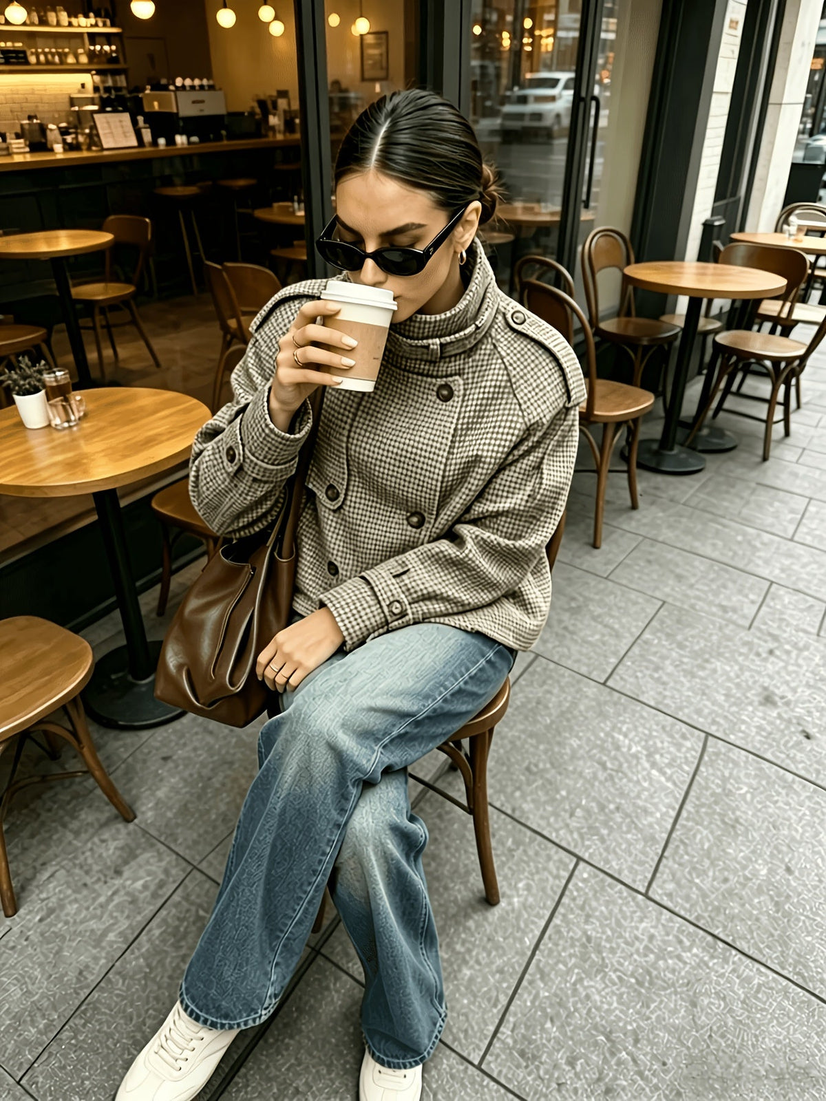 Houndstooth Stand-Collar Jacket | Women's Fashion Outerwear
