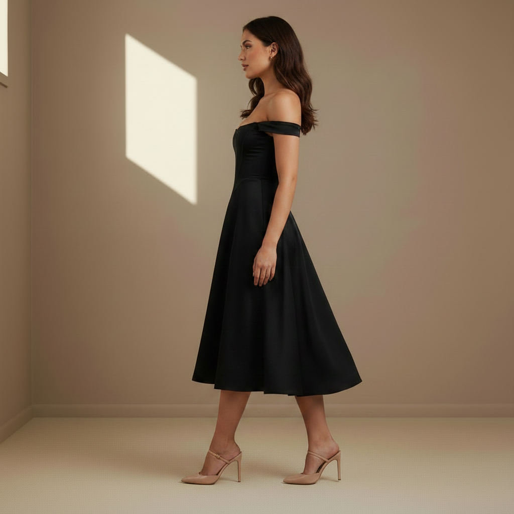 Black off-shoulder satin A-line midi dress, side profile