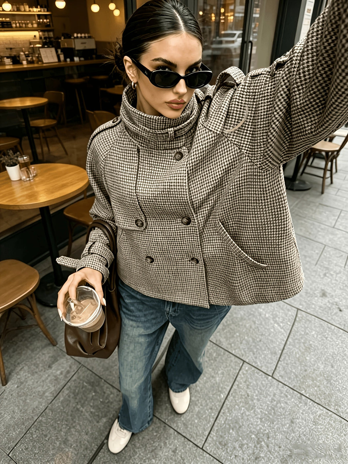 Houndstooth Stand-Collar Jacket | Women's Fashion Outerwear