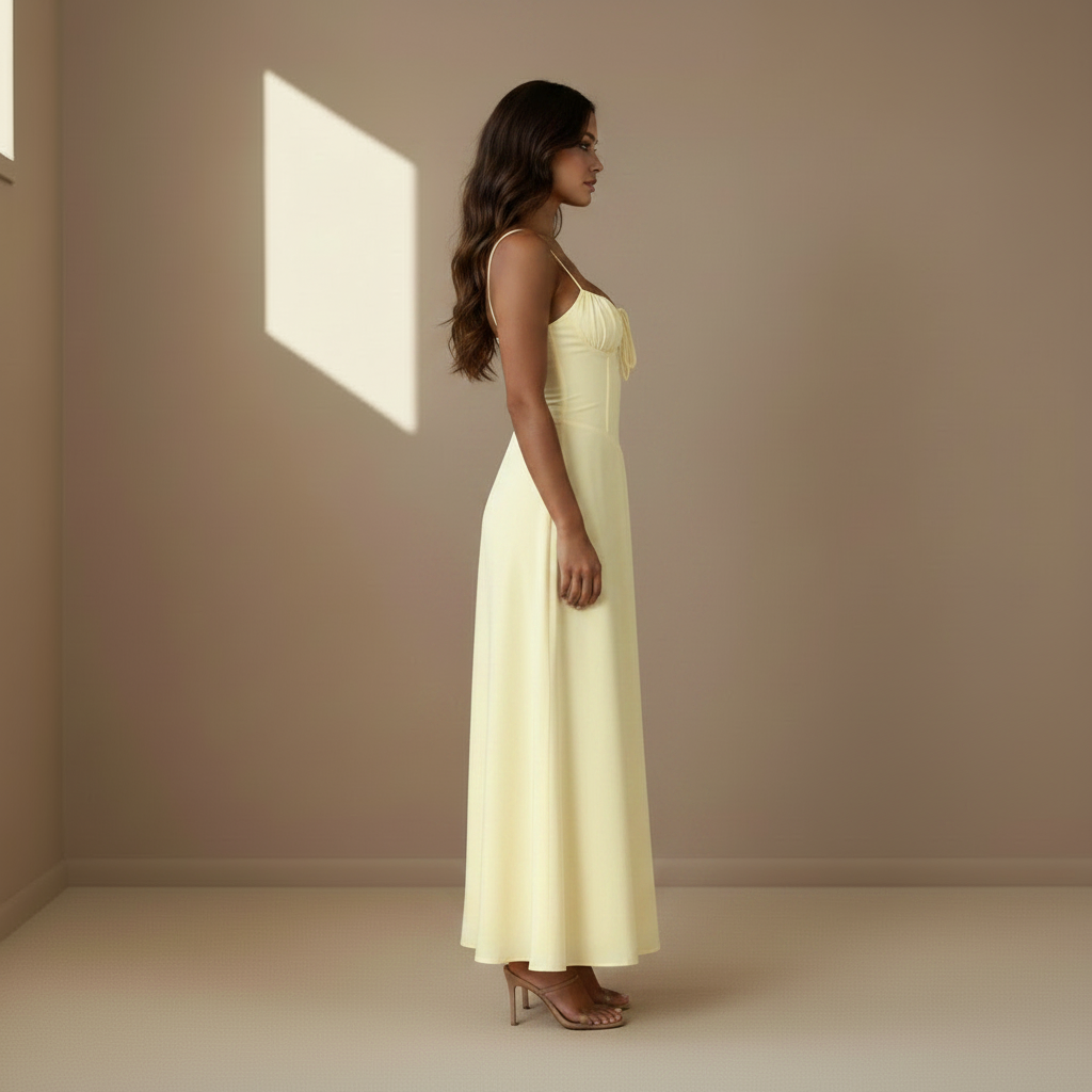 Yellow satin maxi dress, side profile view