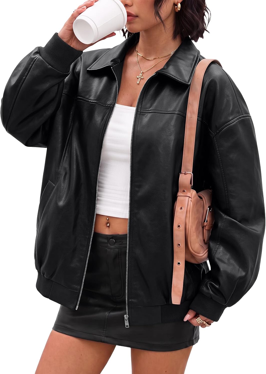 Oversized Faux Leather Bomber Jacket for Women – Casual Wear, Everyday Style