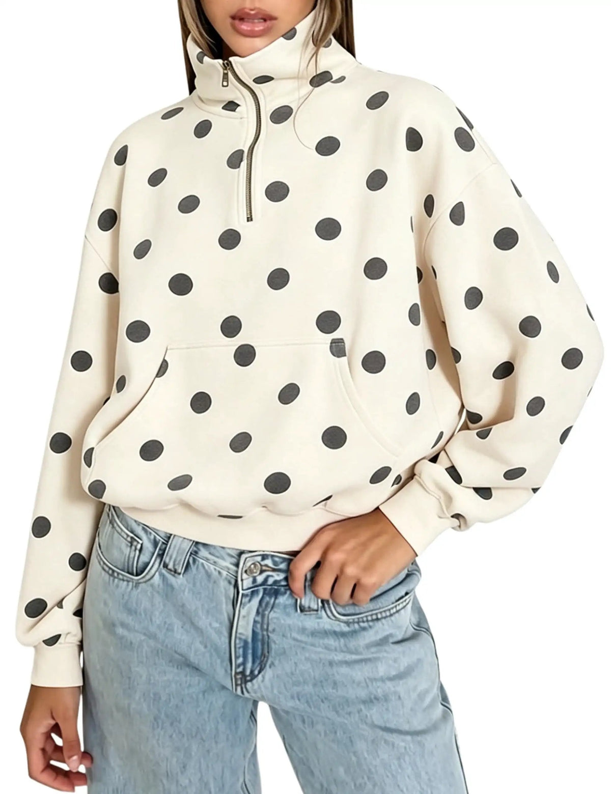 Oversized Blue Polka Dot Half-Zip Sweatshirt for Casual Wear