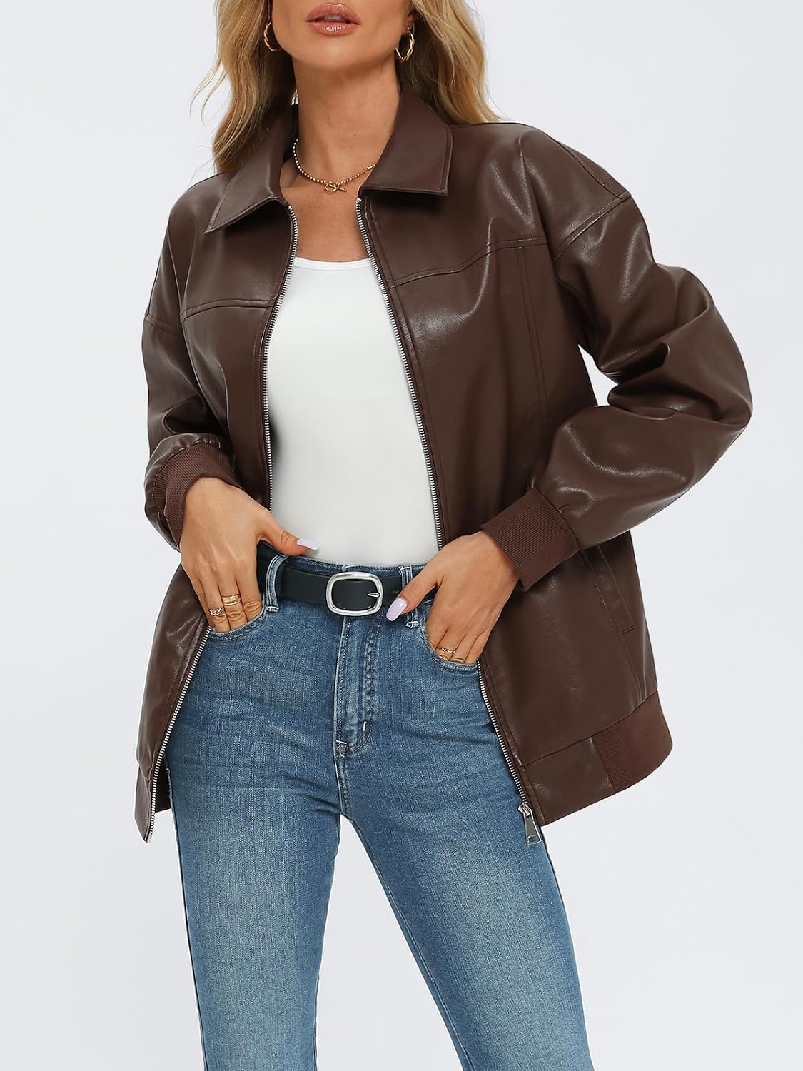 Oversized Faux Leather Bomber Jacket for Women – Casual Wear, Everyday Style