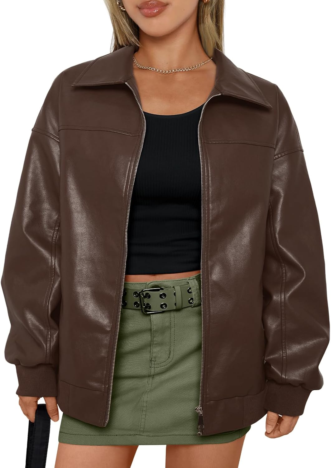 Oversized Faux Leather Bomber Jacket for Women – Casual Wear, Everyday Style