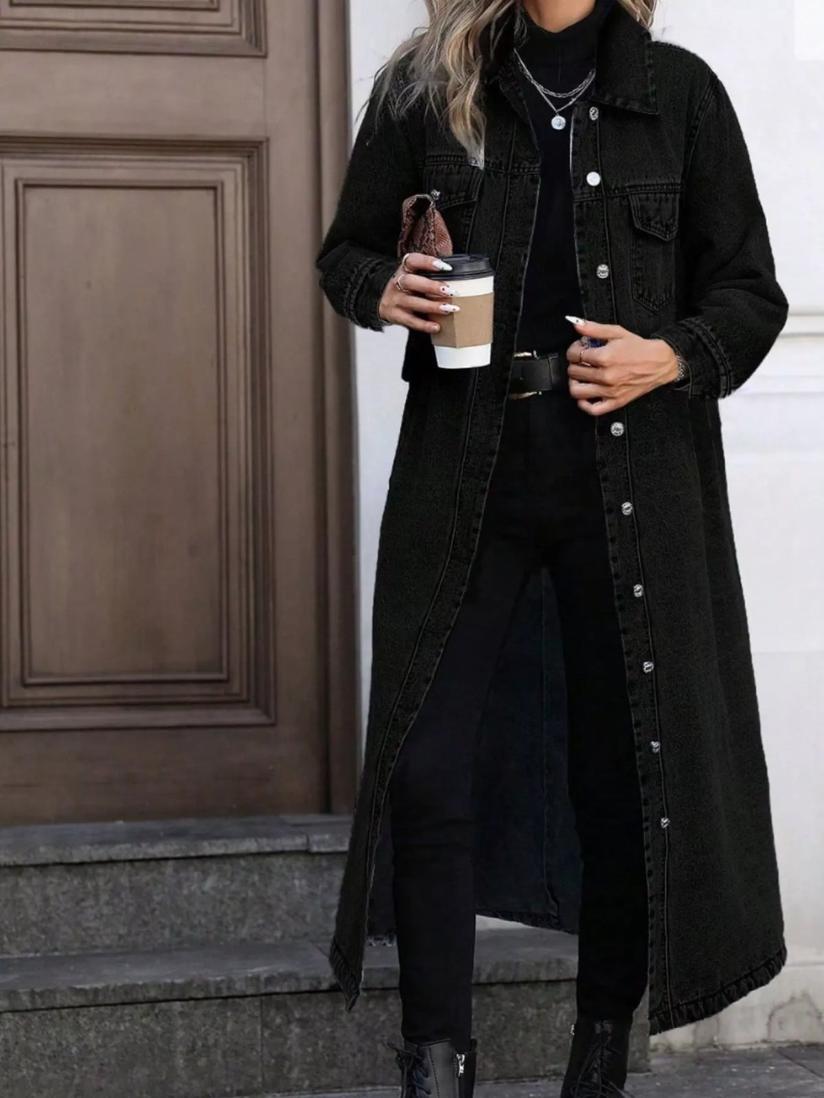 Denim Longline Jacket with Button Front for Casual Everyday Wear