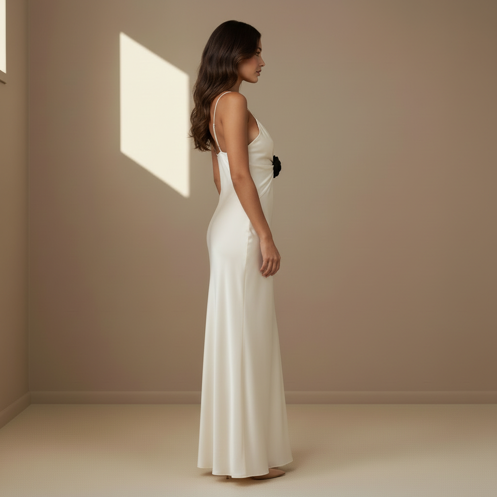 Ivory satin maxi dress side view - bias cut slip dress