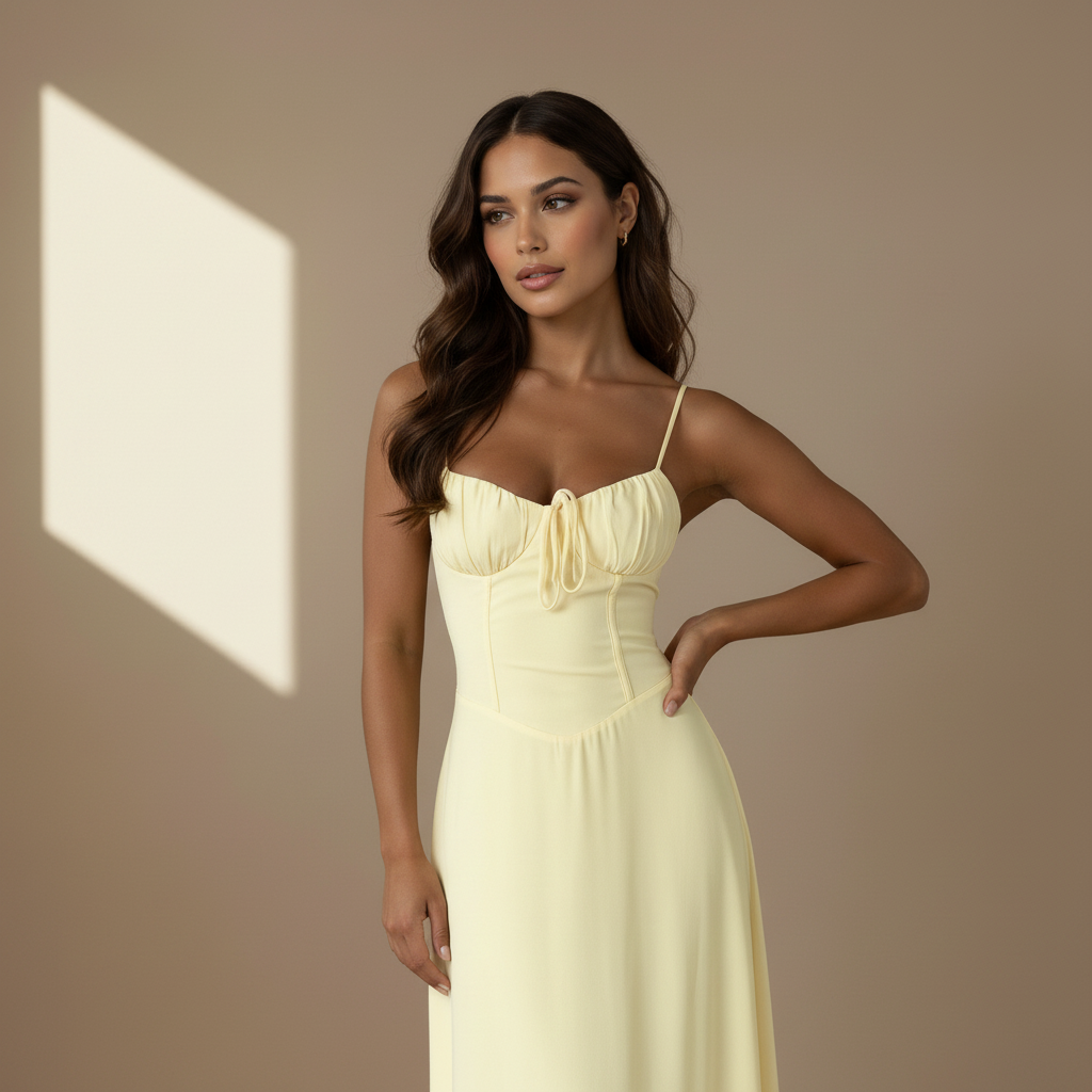 Yellow satin maxi dress, close-up of the sweetheart bust tie and fitted bodice