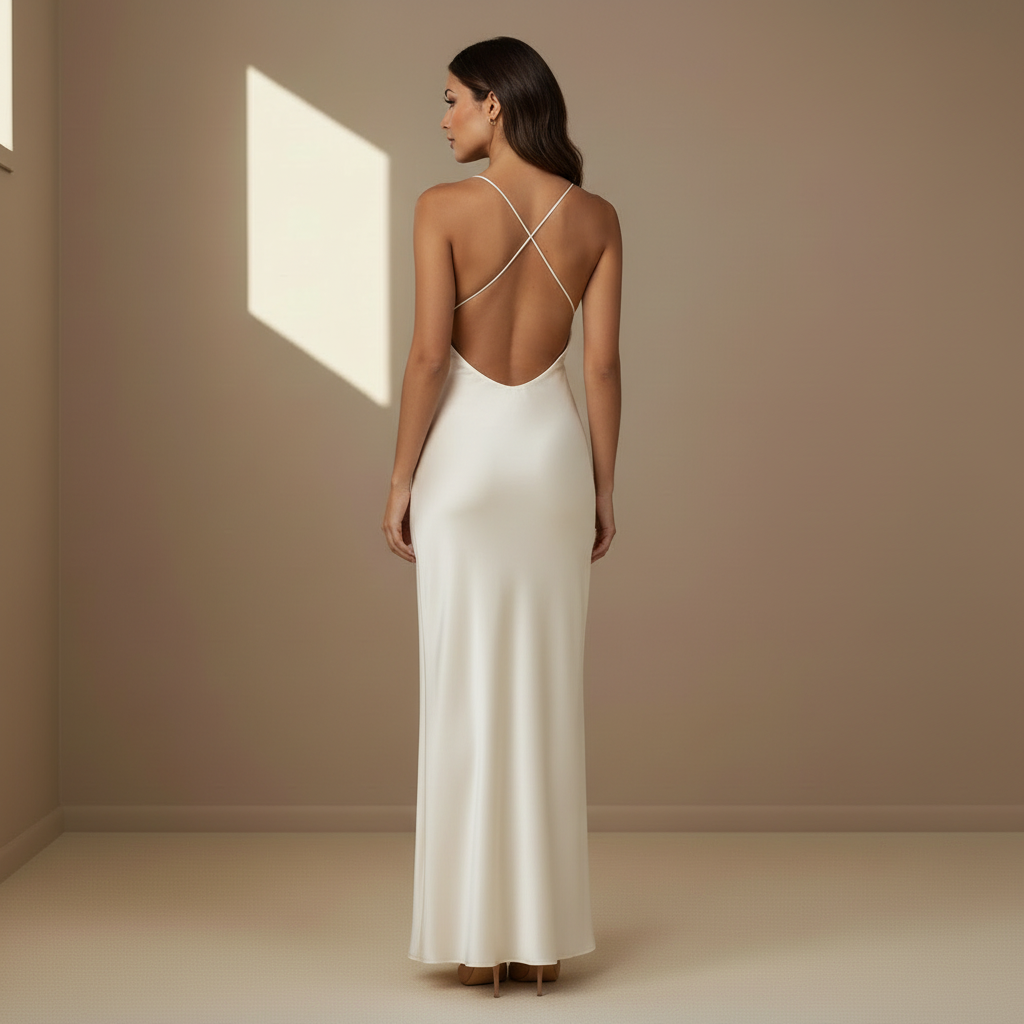 Ivory satin maxi dress back view - criss-cross open back