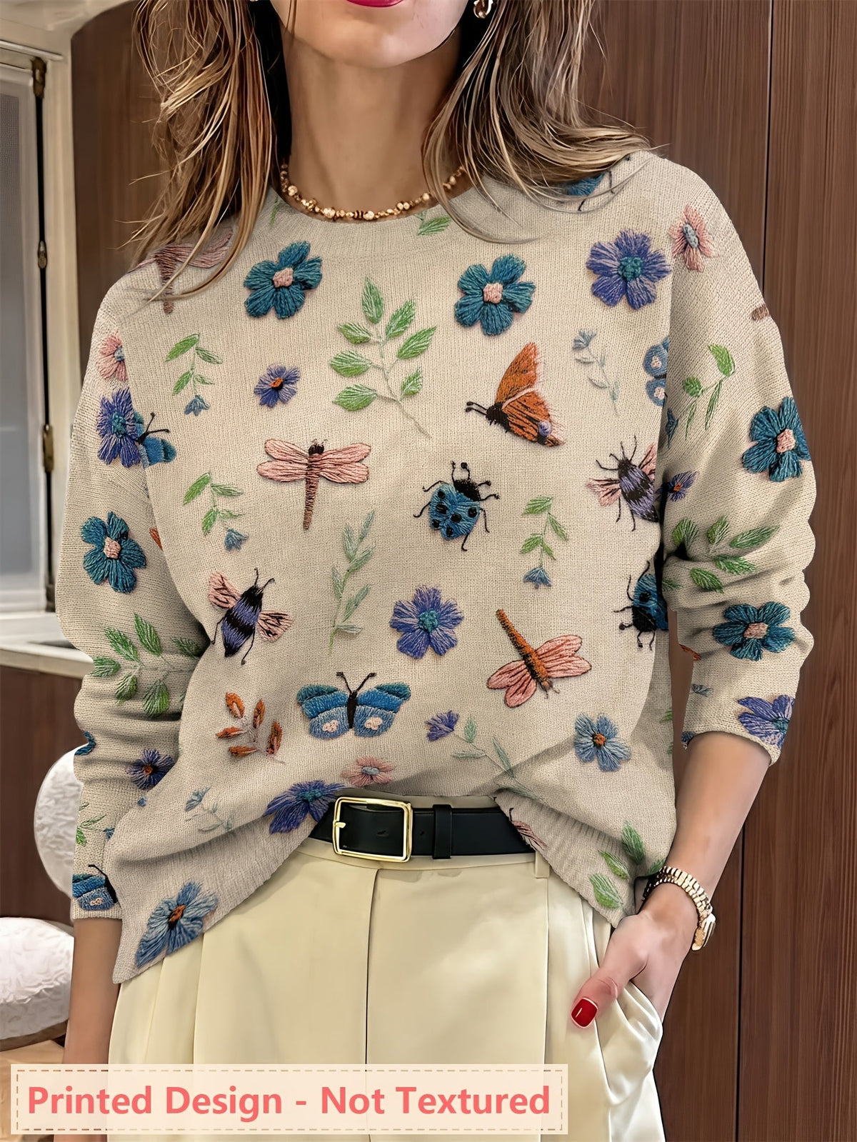 Botanical Print Crewneck Sweater | Soft Knit Fabric | Women's Casual Wear