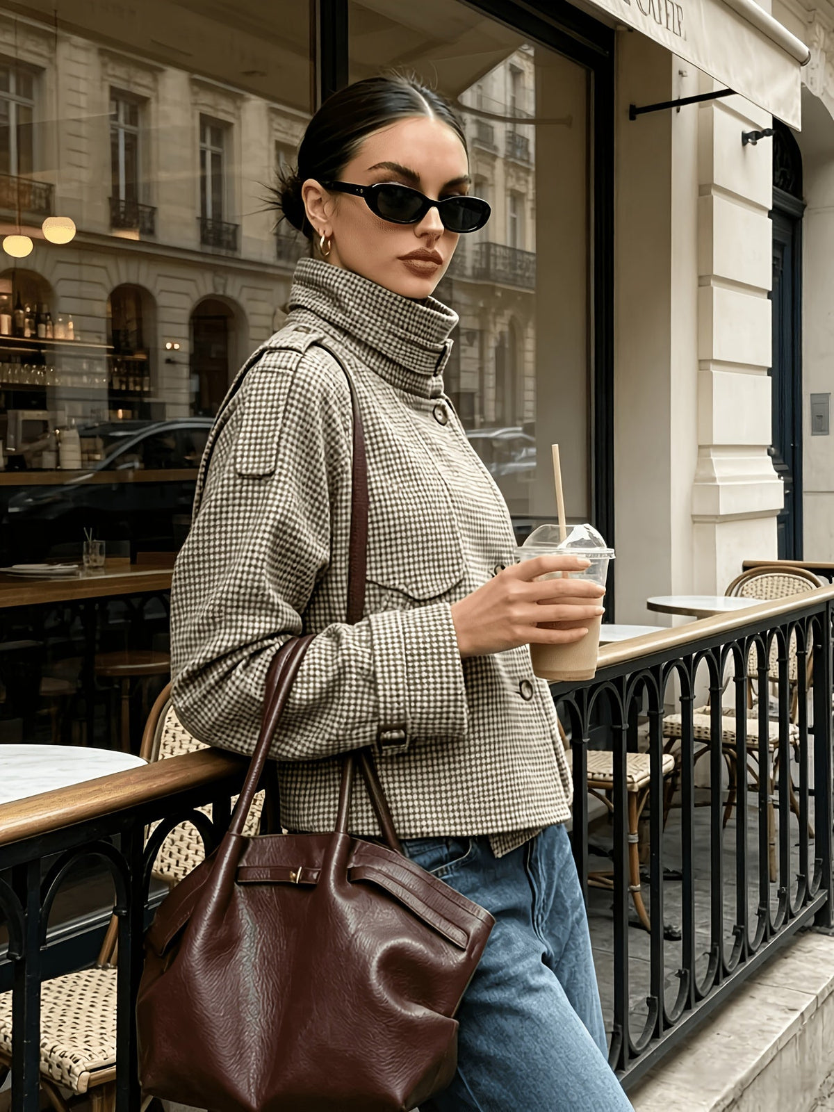 Houndstooth Stand-Collar Jacket | Women's Fashion Outerwear