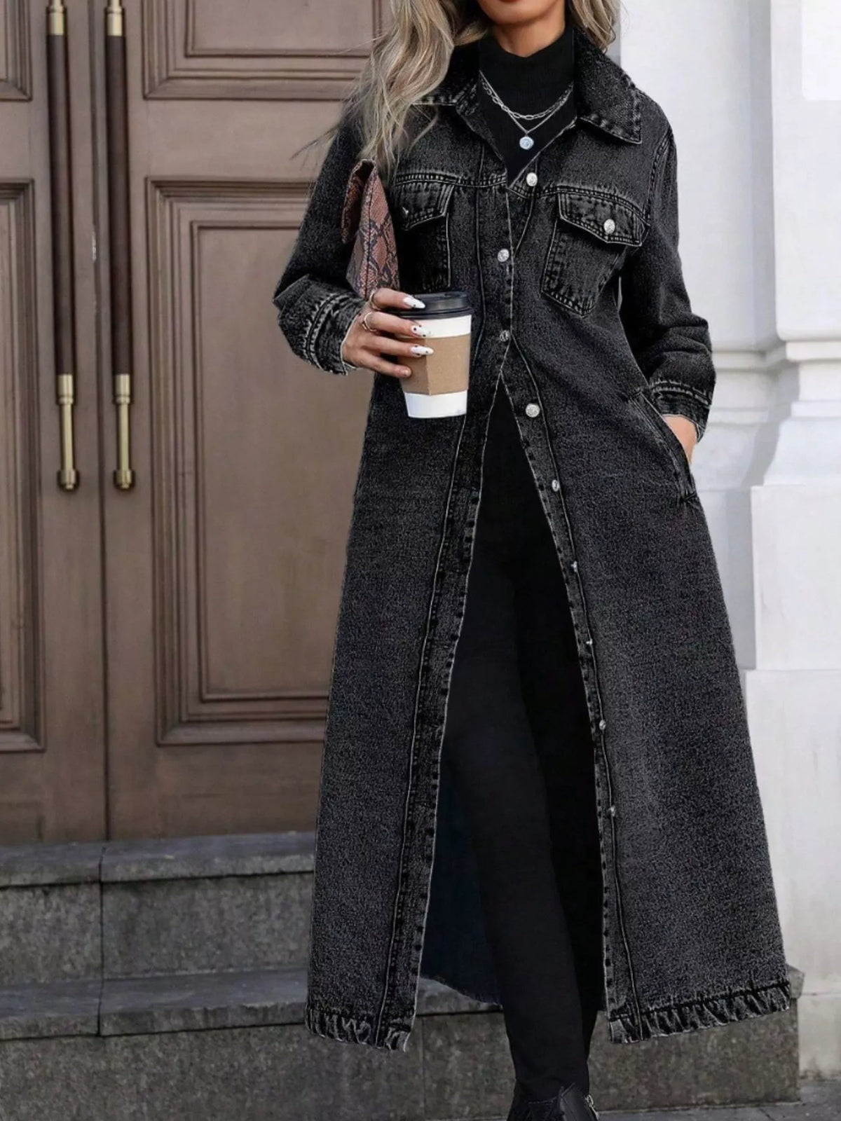 Denim Longline Jacket with Button Front for Casual Everyday Wear