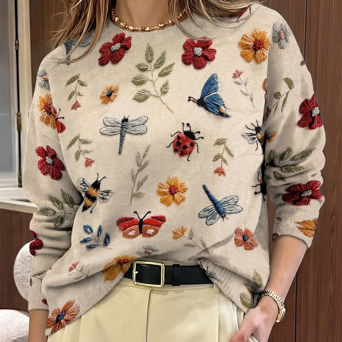Botanical Print Crewneck Sweater | Soft Knit Fabric | Women's Casual Wear