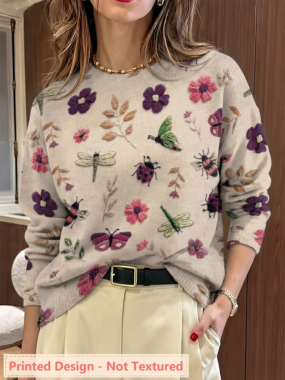 Botanical Print Crewneck Sweater | Soft Knit Fabric | Women's Casual Wear