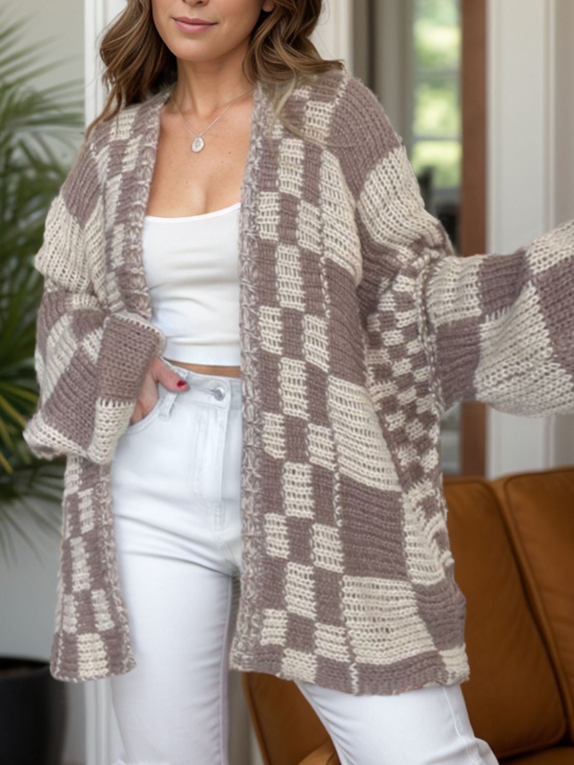 Plaid Long Sleeve Open Front Cardigan for Women - Cozy Knit Layering Piece