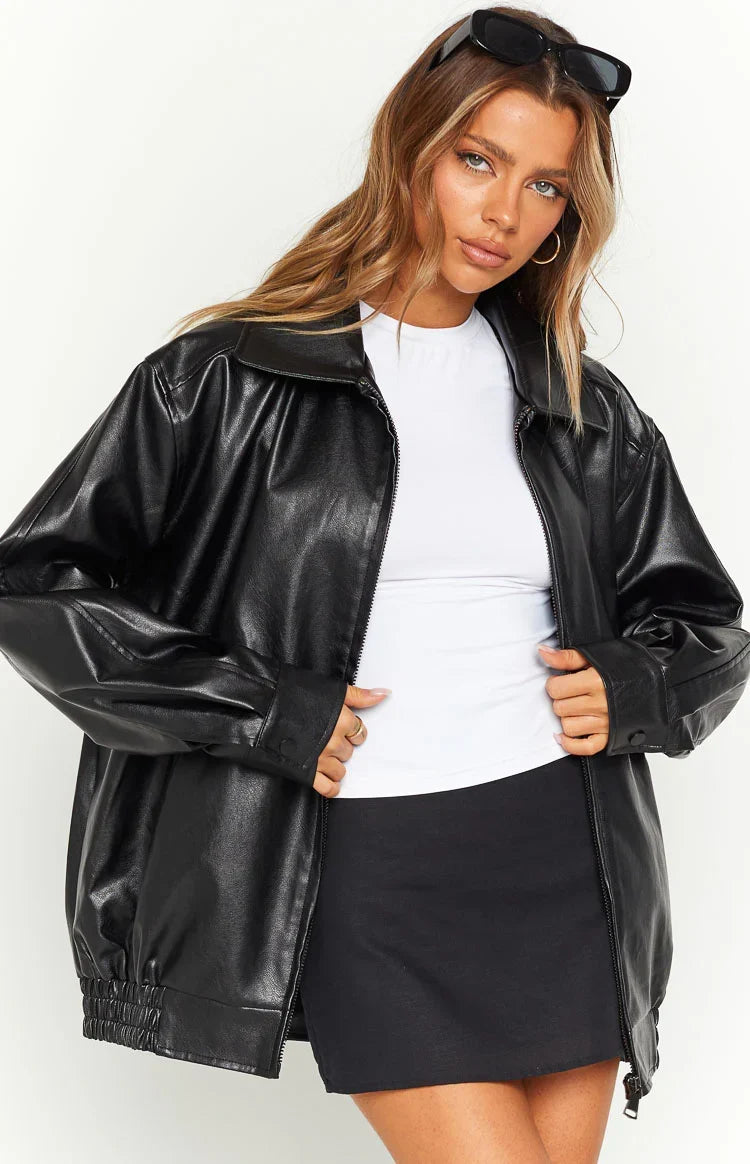 Oversized Faux Leather Bomber Jacket for Women – Casual Wear, Everyday Style