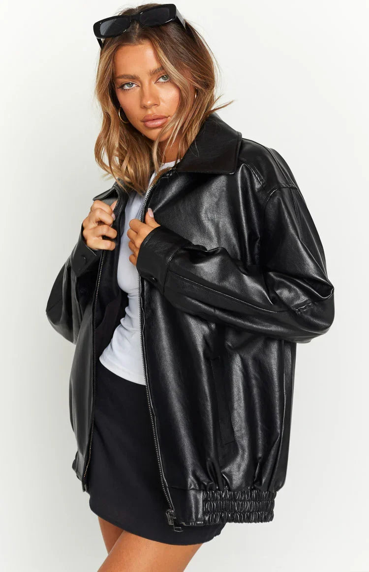 Oversized Faux Leather Bomber Jacket for Women – Casual Wear, Everyday Style