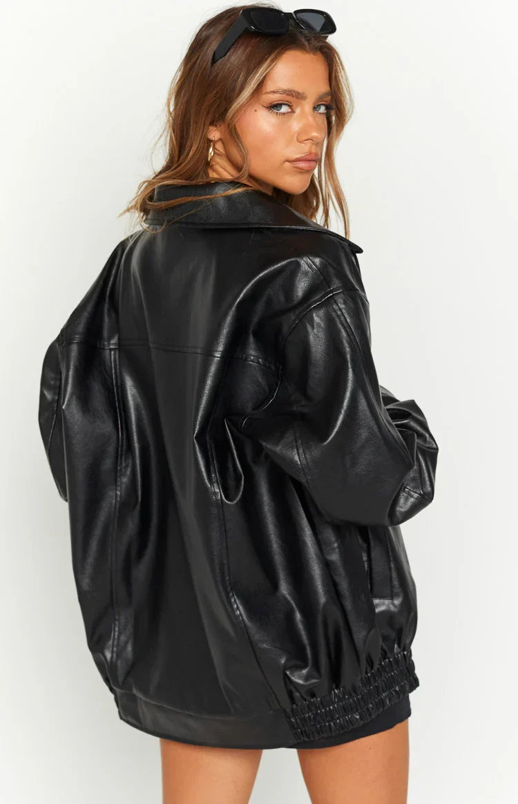 Oversized Faux Leather Bomber Jacket for Women – Casual Wear, Everyday Style
