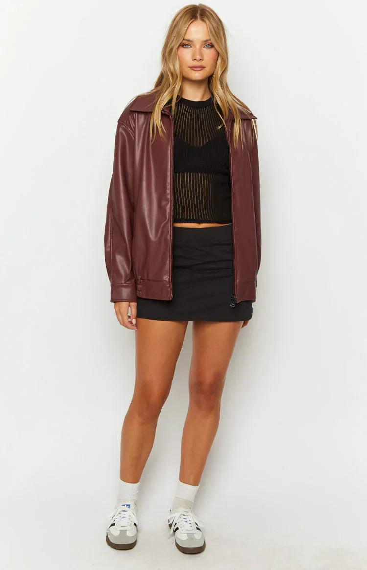 Oversized Faux Leather Bomber Jacket for Women – Casual Wear, Everyday Style