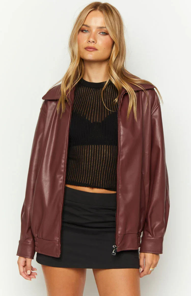 Oversized Faux Leather Bomber Jacket for Women – Casual Wear, Everyday Style