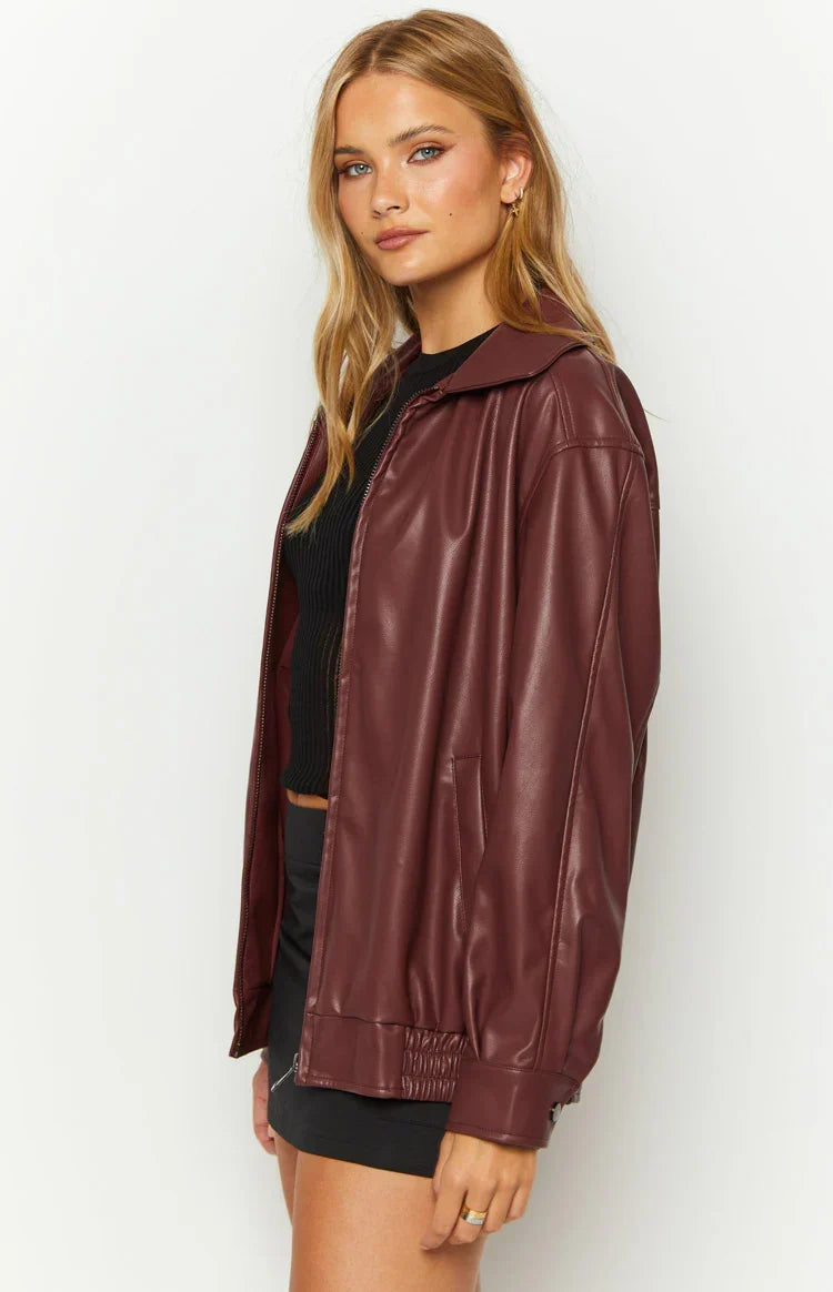 Oversized Faux Leather Bomber Jacket for Women – Casual Wear, Everyday Style