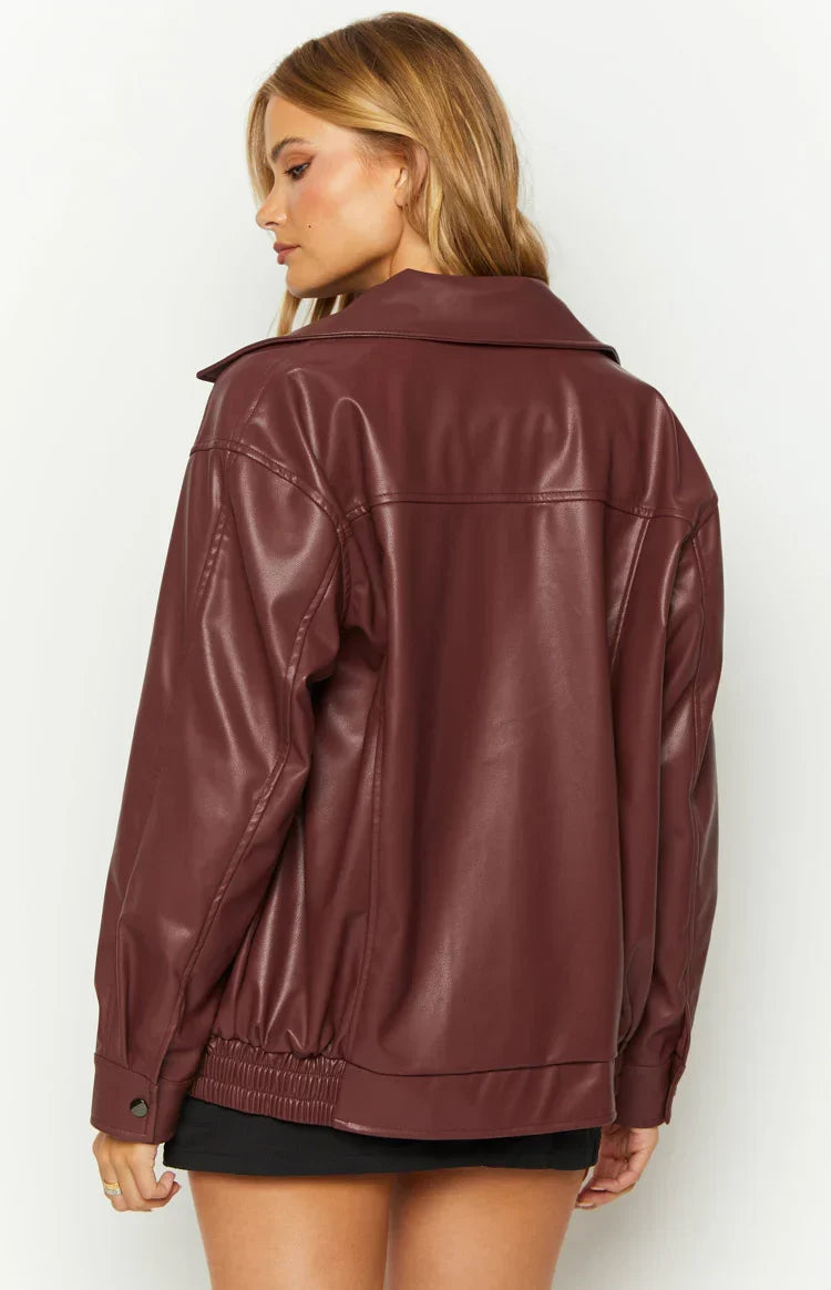 Oversized Faux Leather Bomber Jacket for Women – Casual Wear, Everyday Style