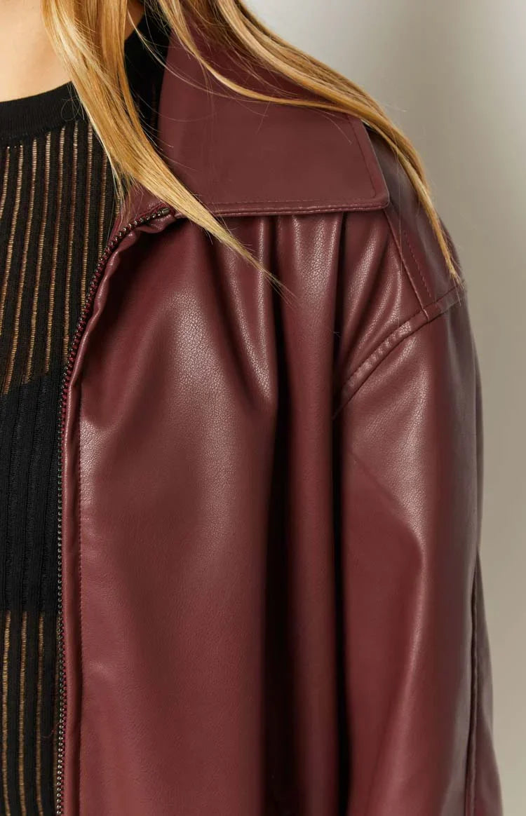 Oversized Faux Leather Bomber Jacket for Women – Casual Wear, Everyday Style