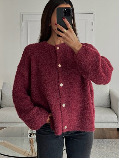 Burgundy Button Up Cardigan for Women, Crew Neck, Long Sleeve – Casual, Fall Fashion