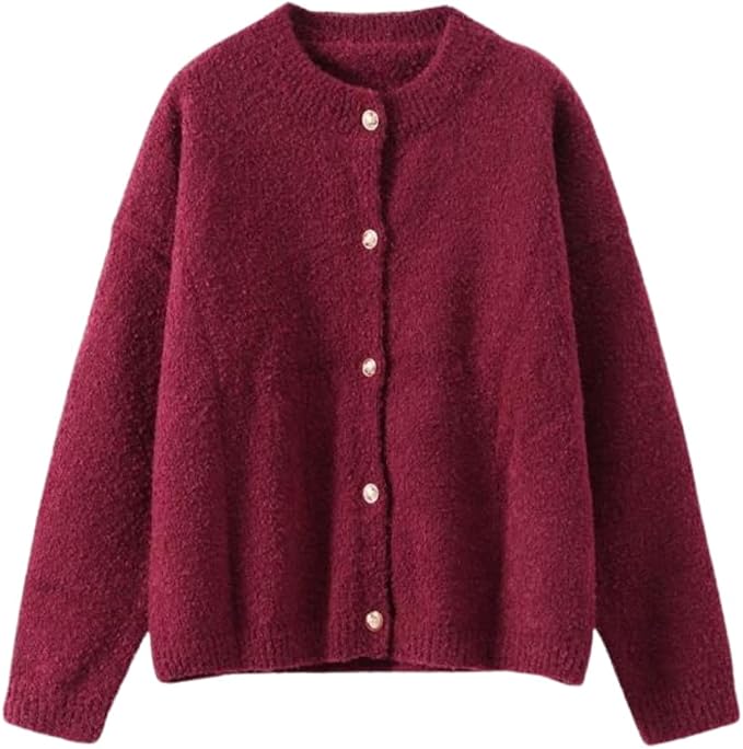 Burgundy Button Up Cardigan for Women, Crew Neck, Long Sleeve – Casual, Fall Fashion