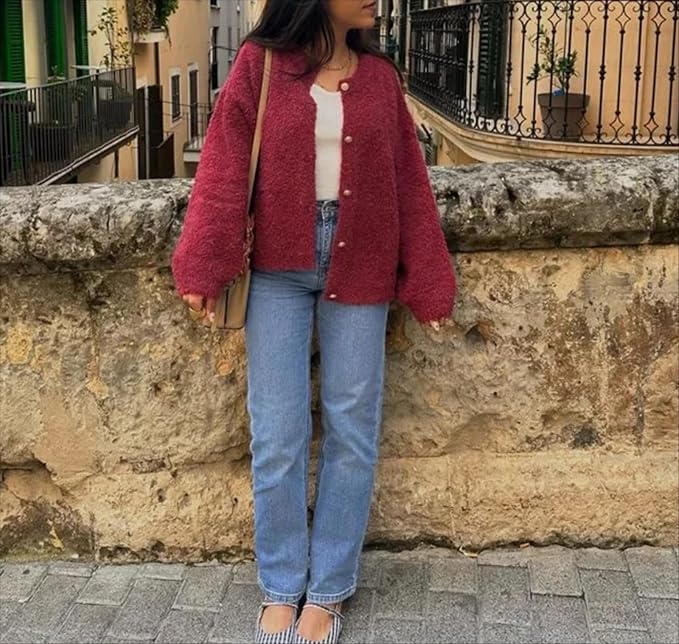 Burgundy Button Up Cardigan for Women, Crew Neck, Long Sleeve – Casual, Fall Fashion