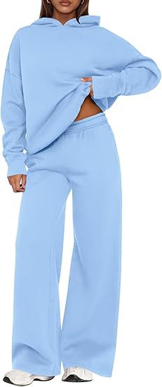 Fleece Hooded Sweatshirt & Wide Leg Sports Pants Set – Casual Wear, Outdoor Activities