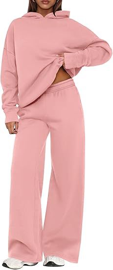 Fleece Hooded Sweatshirt & Wide Leg Sports Pants Set – Casual Wear, Outdoor Activities