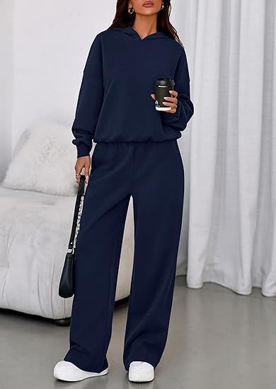 Fleece Hooded Sweatshirt & Wide Leg Sports Pants Set – Casual Wear, Outdoor Activities