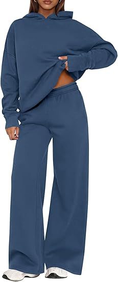 Fleece Hooded Sweatshirt & Wide Leg Sports Pants Set – Casual Wear, Outdoor Activities